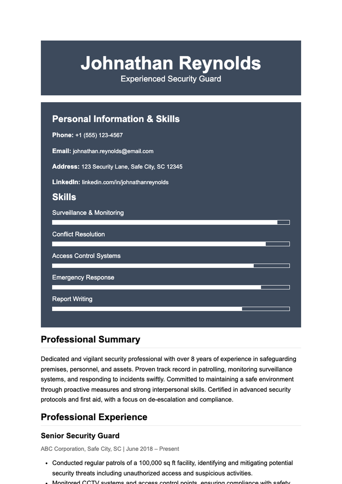 Professional security guard resume with skills bar chart and experience highlights_variant_3